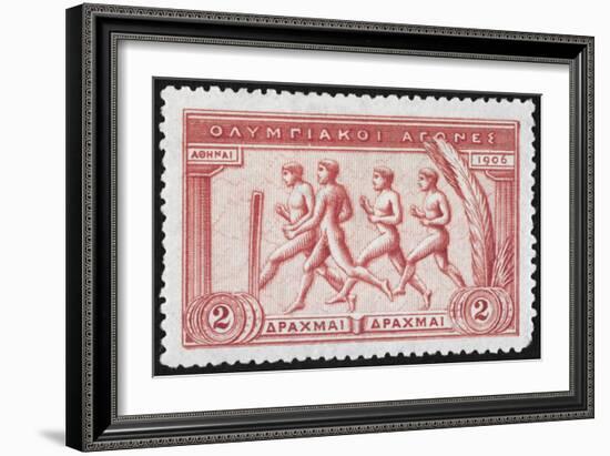 A Group Of Athletes Running, Greece 1906 Olympic Games, 2 Drachma, Unused Stamp Design-null-Framed Giclee Print