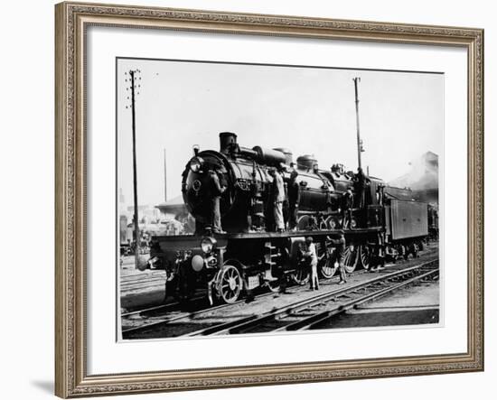 A Group of British Railway Engineers Carrying Out Safety Checks a Steam Locomotive-null-Framed Photographic Print