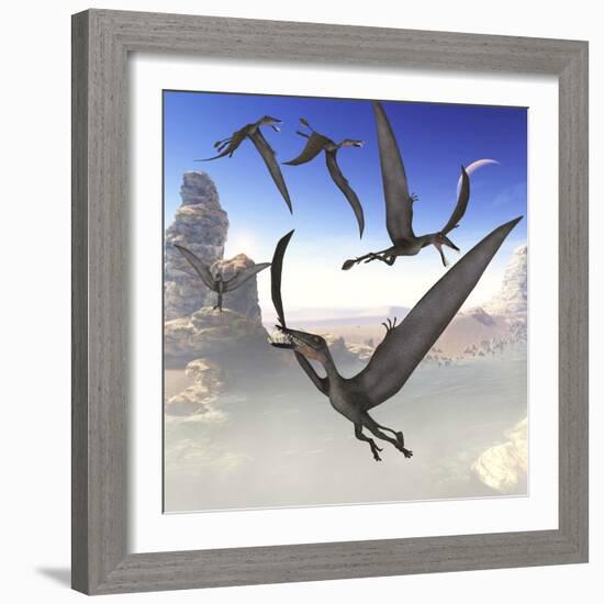 A Group of Dorygnathus Predatory Reptiles Fly Above a Jurassic Landscape-Stocktrek Images-Framed Art Print