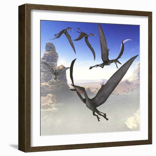 A Group of Dorygnathus Predatory Reptiles Fly Above a Jurassic Landscape-Stocktrek Images-Framed Art Print