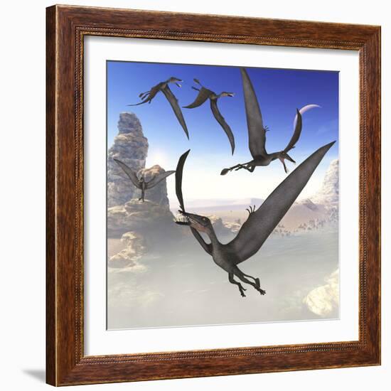 A Group of Dorygnathus Predatory Reptiles Fly Above a Jurassic Landscape-Stocktrek Images-Framed Art Print