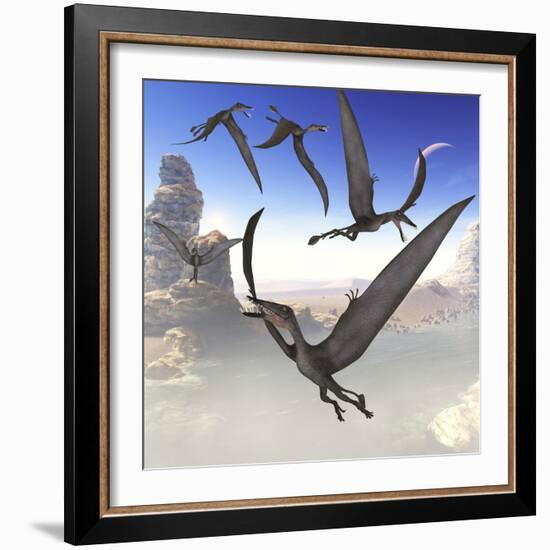 A Group of Dorygnathus Predatory Reptiles Fly Above a Jurassic Landscape-Stocktrek Images-Framed Art Print