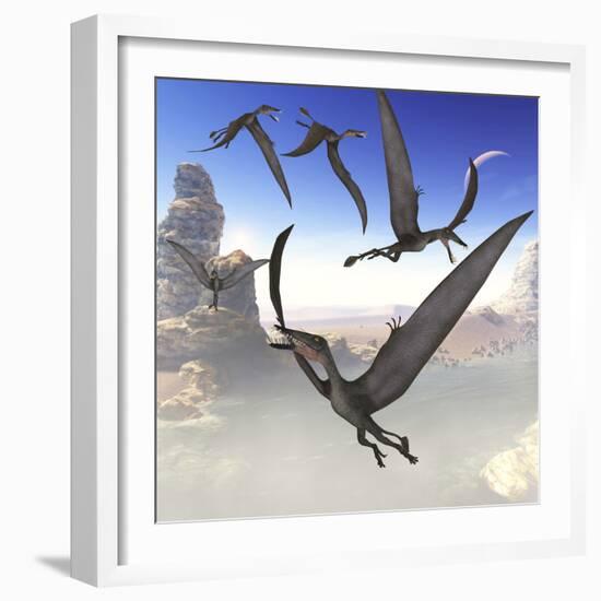 A Group of Dorygnathus Predatory Reptiles Fly Above a Jurassic Landscape-Stocktrek Images-Framed Art Print