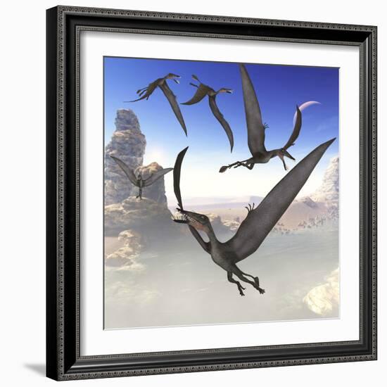 A Group of Dorygnathus Predatory Reptiles Fly Above a Jurassic Landscape-Stocktrek Images-Framed Art Print