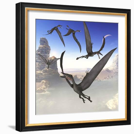 A Group of Dorygnathus Predatory Reptiles Fly Above a Jurassic Landscape-Stocktrek Images-Framed Art Print