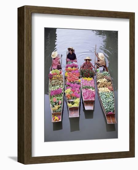 A Group of Four Women Market Traders in Boats Laden with Fruit and Flowers, Thailand-Gavin Hellier-Framed Photographic Print