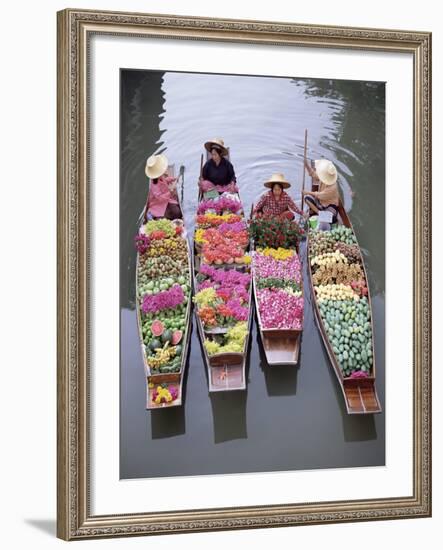 A Group of Four Women Market Traders in Boats Laden with Fruit and Flowers, Thailand-Gavin Hellier-Framed Photographic Print