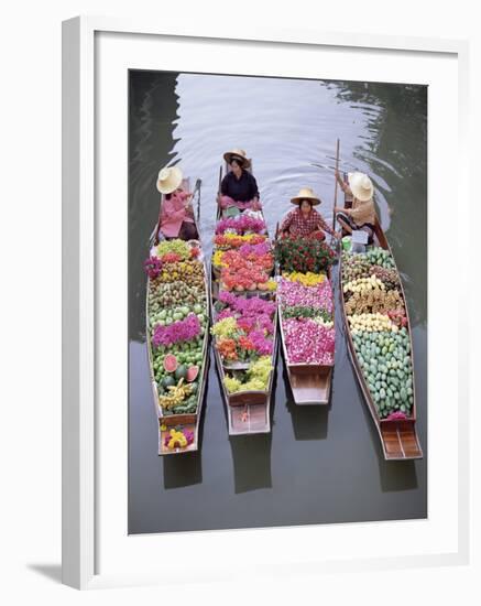 A Group of Four Women Market Traders in Boats Laden with Fruit and Flowers, Thailand-Gavin Hellier-Framed Photographic Print