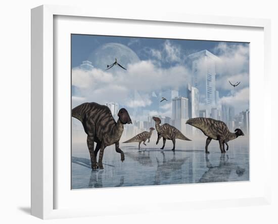 A Group of Parasaurolophus Duckbill Dinosaurs Gather at a Feeding Ground-Stocktrek Images-Framed Photographic Print