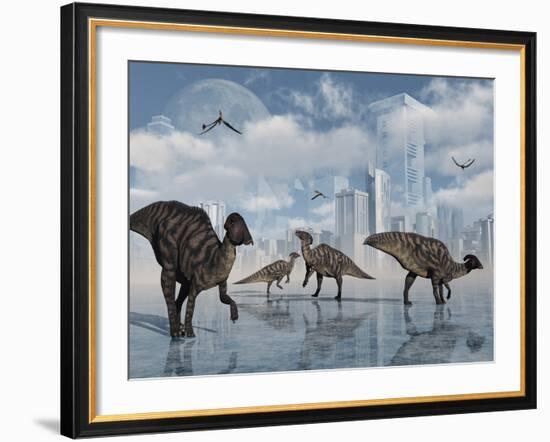 A Group of Parasaurolophus Duckbill Dinosaurs Gather at a Feeding Ground-Stocktrek Images-Framed Photographic Print