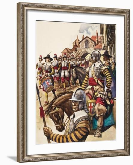 A Group of Pikemen of the New Model Army March into Battle Led by a Drummer-Peter Jackson-Framed Giclee Print