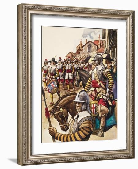 A Group of Pikemen of the New Model Army March into Battle Led by a Drummer-Peter Jackson-Framed Giclee Print