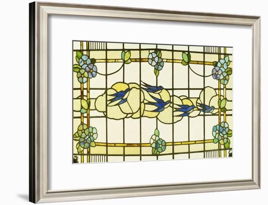 A Group of Swallows Before Clouds in a A Border of Stylised Flowerheads-null-Framed Giclee Print