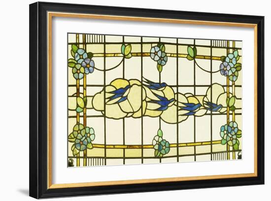A Group of Swallows Before Clouds in a A Border of Stylised Flowerheads-null-Framed Giclee Print