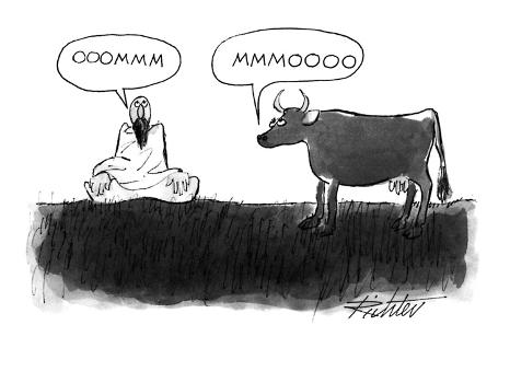 A guru is sitting cross-legged on the grass saying 'Ooommm.' A cow not fa?  - New Yorker Cartoon' Premium Giclee Print - Mischa Richter 