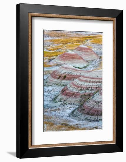 A half circle of rounded mounds or hoodoo, sharply striated with reds.-Sheila Haddad-Framed Photographic Print