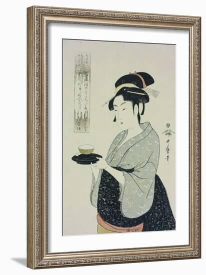 A Half Length Portrait of Naniwaya Okita, the Famous Teahouse Waitress Serving a Cup of Tea-Kitagawa Utamaro-Framed Giclee Print