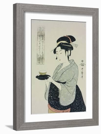 A Half Length Portrait of Naniwaya Okita, the Famous Teahouse Waitress Serving a Cup of Tea-Kitagawa Utamaro-Framed Giclee Print