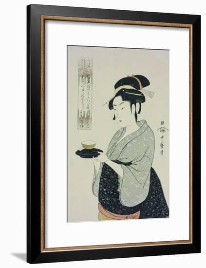 A Half Length Portrait of Naniwaya Okita, the Famous Teahouse Waitress Serving a Cup of Tea-Kitagawa Utamaro-Framed Giclee Print