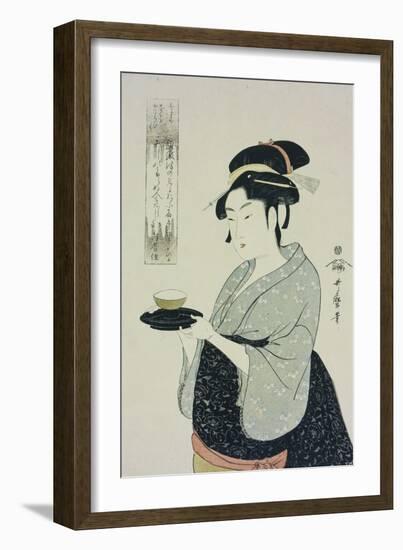 A Half Length Portrait of Naniwaya Okita, the Famous Teahouse Waitress Serving a Cup of Tea-Kitagawa Utamaro-Framed Giclee Print