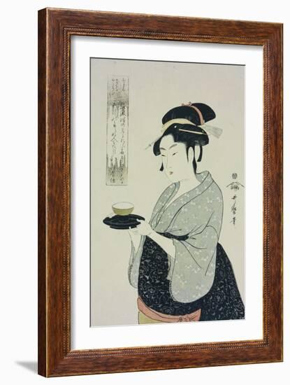 A Half Length Portrait of Naniwaya Okita, the Famous Teahouse Waitress Serving a Cup of Tea-Kitagawa Utamaro-Framed Giclee Print