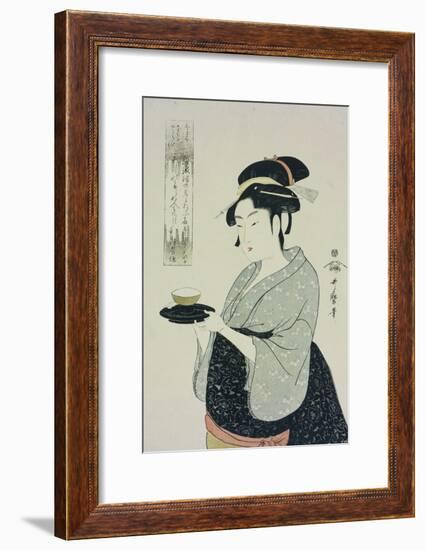 A Half Length Portrait of Naniwaya Okita, the Famous Teahouse Waitress Serving a Cup of Tea-Kitagawa Utamaro-Framed Giclee Print