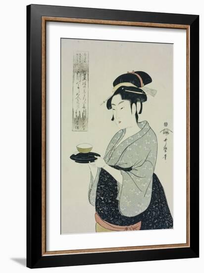 A Half Length Portrait of Naniwaya Okita, the Famous Teahouse Waitress Serving a Cup of Tea-Kitagawa Utamaro-Framed Giclee Print