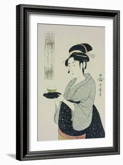 A Half Length Portrait of Naniwaya Okita, the Famous Teahouse Waitress Serving a Cup of Tea-Kitagawa Utamaro-Framed Giclee Print