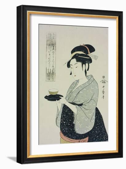 A Half Length Portrait of Naniwaya Okita, the Famous Teahouse Waitress Serving a Cup of Tea-Kitagawa Utamaro-Framed Giclee Print