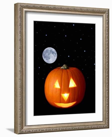 A Halloween Pumpkin with Moon and Stars in Background-Steven Morris-Framed Photographic Print