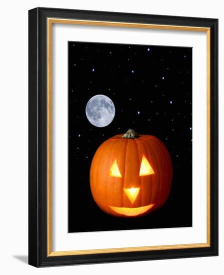 A Halloween Pumpkin with Moon and Stars in Background-Steven Morris-Framed Photographic Print