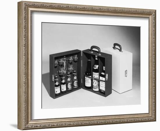 A Handy Case Containing Whisky, Martini and Gin, Mixers, a Bottle Opener and Glasses!-null-Framed Photographic Print