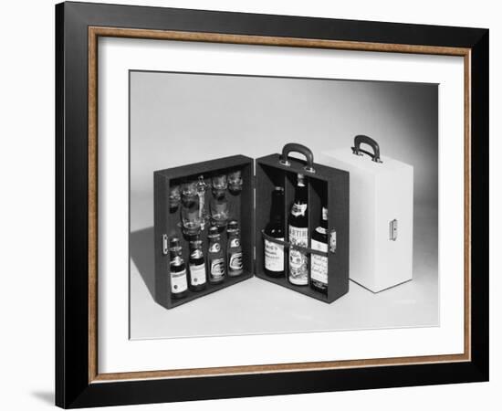 A Handy Case Containing Whisky, Martini and Gin, Mixers, a Bottle Opener and Glasses!-null-Framed Photographic Print