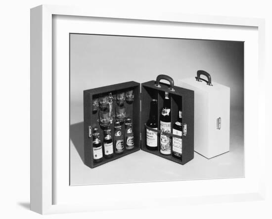 A Handy Case Containing Whisky, Martini and Gin, Mixers, a Bottle Opener and Glasses!-null-Framed Photographic Print