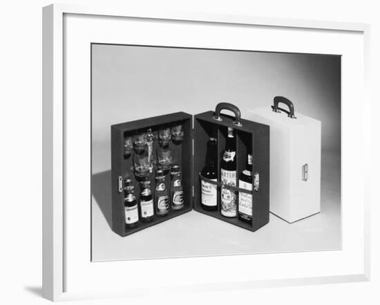 A Handy Case Containing Whisky, Martini and Gin, Mixers, a Bottle Opener and Glasses!-null-Framed Photographic Print