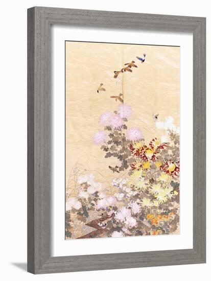 A Hanging of Gold Lame, Embroidered in Silks with Finches Perched Amongst Pink, Yellow and White…-null-Framed Giclee Print