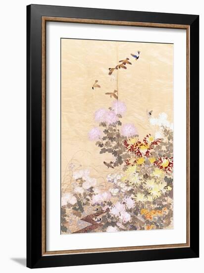 A Hanging of Gold Lame, Embroidered in Silks with Finches Perched Amongst Pink, Yellow and White…-null-Framed Giclee Print