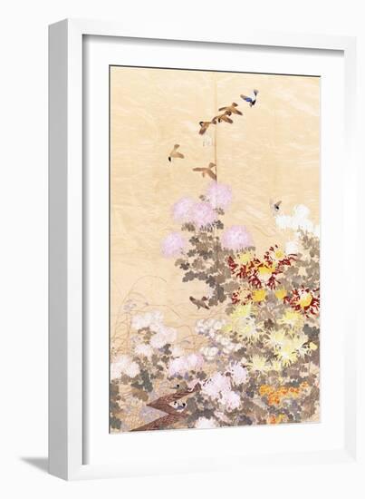 A Hanging of Gold Lame, Embroidered in Silks with Finches Perched Amongst Pink, Yellow and White…-null-Framed Giclee Print