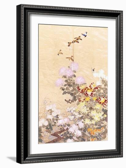 A Hanging of Gold Lame, Embroidered in Silks with Finches Perched Amongst Pink, Yellow and White…-null-Framed Giclee Print