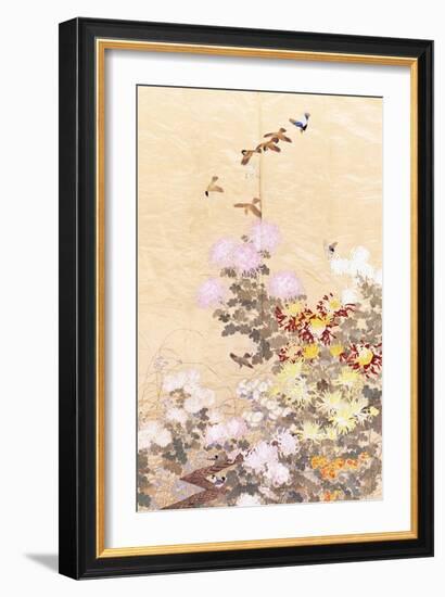 A Hanging of Gold Lame, Embroidered in Silks with Finches Perched Amongst Pink, Yellow and White…-null-Framed Giclee Print