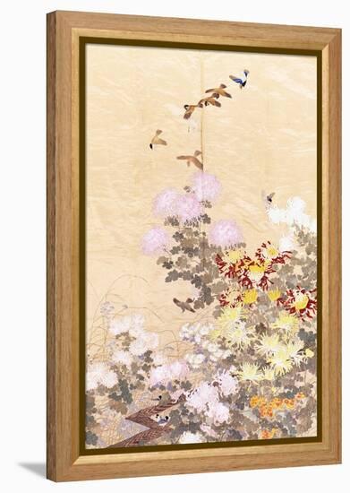 A Hanging of Gold Lame, Embroidered in Silks with Finches Perched Amongst Pink, Yellow and White…-null-Framed Premier Image Canvas