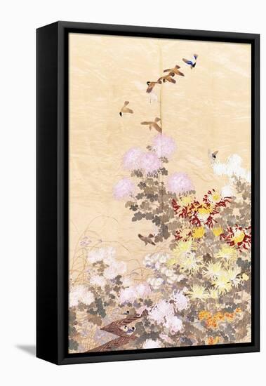 A Hanging of Gold Lame, Embroidered in Silks with Finches Perched Amongst Pink, Yellow and White…-null-Framed Premier Image Canvas