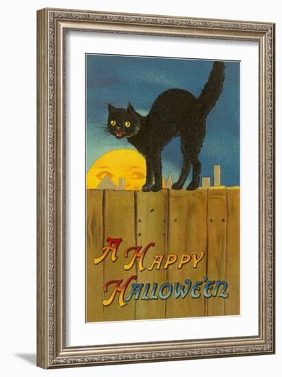 A Happy Halloween, Cat on Fence-null-Framed Art Print