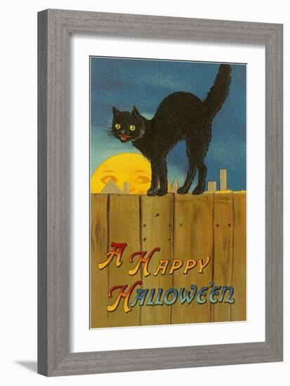 A Happy Halloween, Cat on Fence-null-Framed Art Print
