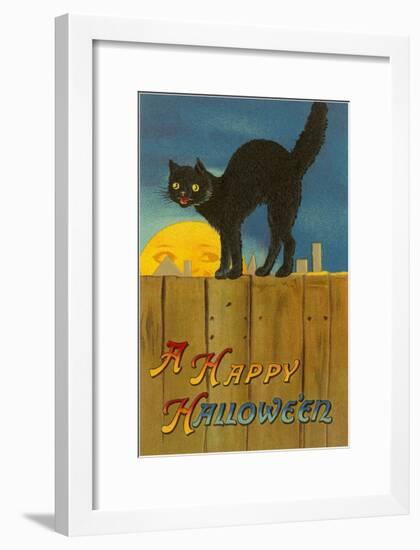 A Happy Halloween, Cat on Fence-null-Framed Art Print