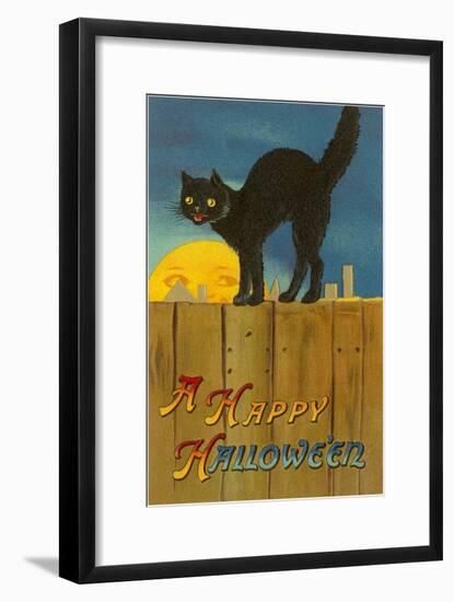 A Happy Halloween, Cat on Fence-null-Framed Art Print