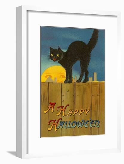 A Happy Halloween, Cat on Fence-null-Framed Art Print