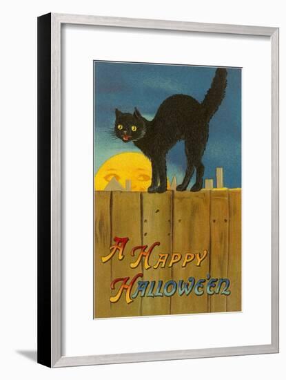 A Happy Halloween, Cat on Fence-null-Framed Art Print