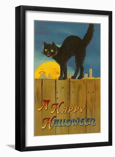 A Happy Halloween, Cat on Fence-null-Framed Art Print