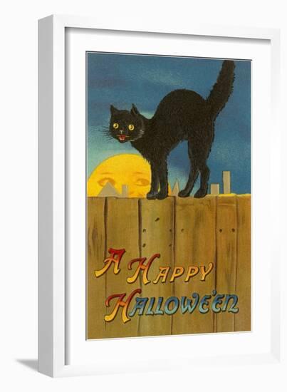 A Happy Halloween, Cat on Fence-null-Framed Art Print